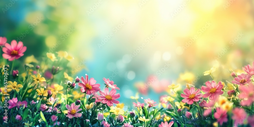 A vibrant field of colorful flowers bathed in warm sunlight, creating a serene and refreshing atmosphere. A vibrant field of colorful flowers bathed in warm sunlight, creating a serene and refreshing atmosphere.
