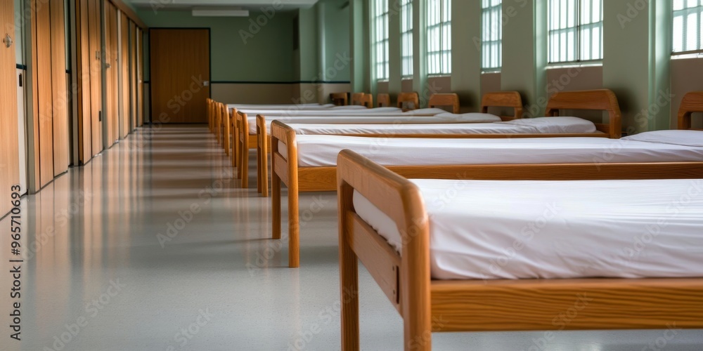 Minimalist Dorm Party Room With Wooden Beds In Rows Minimalist Dorm Party Room With Wooden Beds In Rows