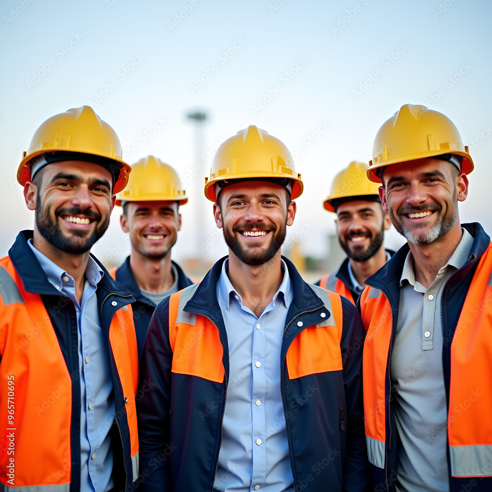 Happy construction workers or engineers in helmets standing together on constraction site, group team of cheerful smiling working man with supervisor in white construction industry Happy construction workers or engineers in helmets standing together on constraction site, group team of cheerful smiling working man with supervisor in white construction industry