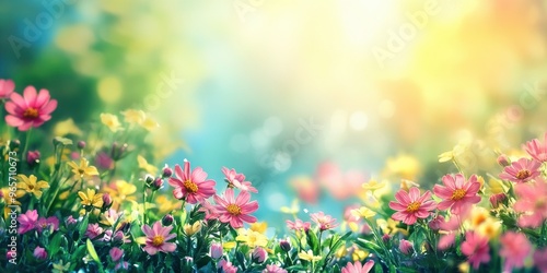 A vibrant field of colorful flowers bathed in warm sunlight, creating a serene and refreshing atmosphere.