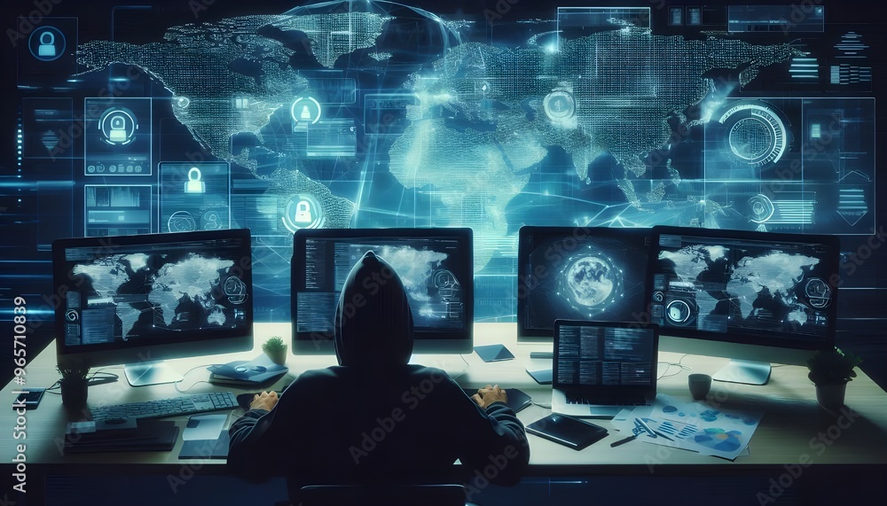 Hacker working on multiple computers with a digital world map overlay. Hacker working on multiple computers with a digital world map overlay.