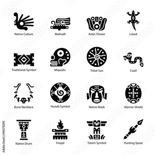 Pack of 16 Aztec Culture Solid Icons 

