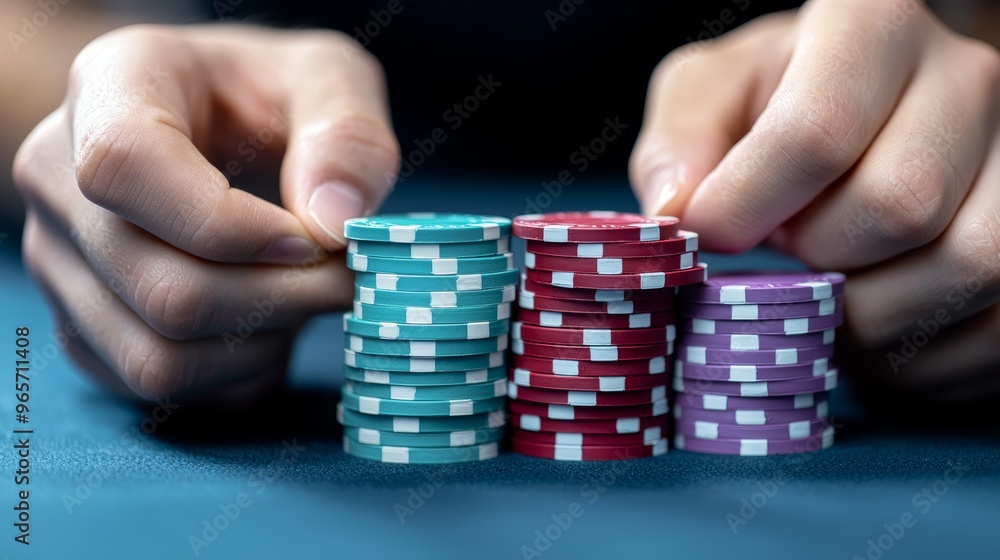 Close-up of hands organizing stacks of poker chips in various colors, capturing the intensity and excitement of a casino poker game Close-up of hands organizing stacks of poker chips in various colors, capturing the intensity and excitement of a casino poker game