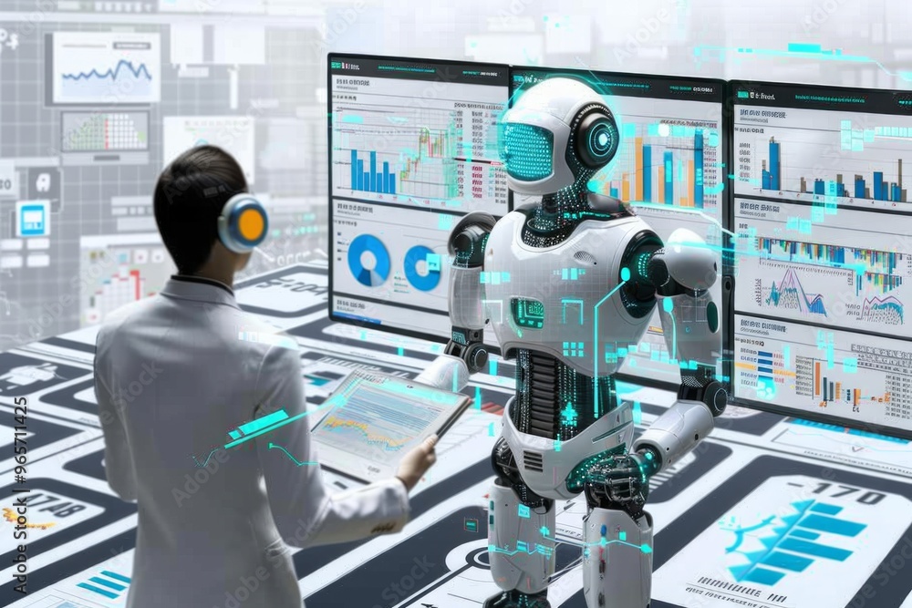 A scientist interacts with an advanced robot in a high-tech office filled with data analysis screens during the daytime A scientist interacts with an advanced robot in a high-tech office filled with data analysis screens during the daytime