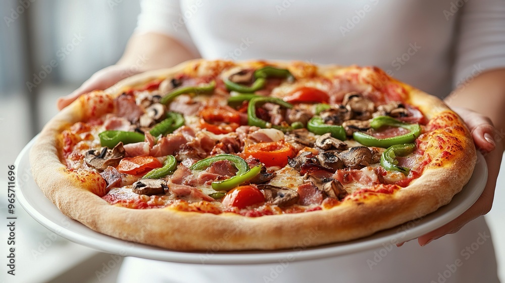 Gourmet pizza with vegetables and meat toppings on a white plate, held by person Gourmet pizza with vegetables and meat toppings on a white plate, held by person