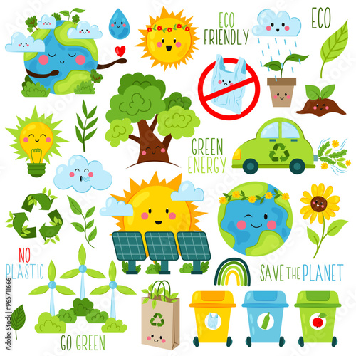 Set of eco-friendly illustrations. Cute characters of environmental protection. Stop pollution. Waste recycle. Eco and nature saving. Kids illustration in a flat style.