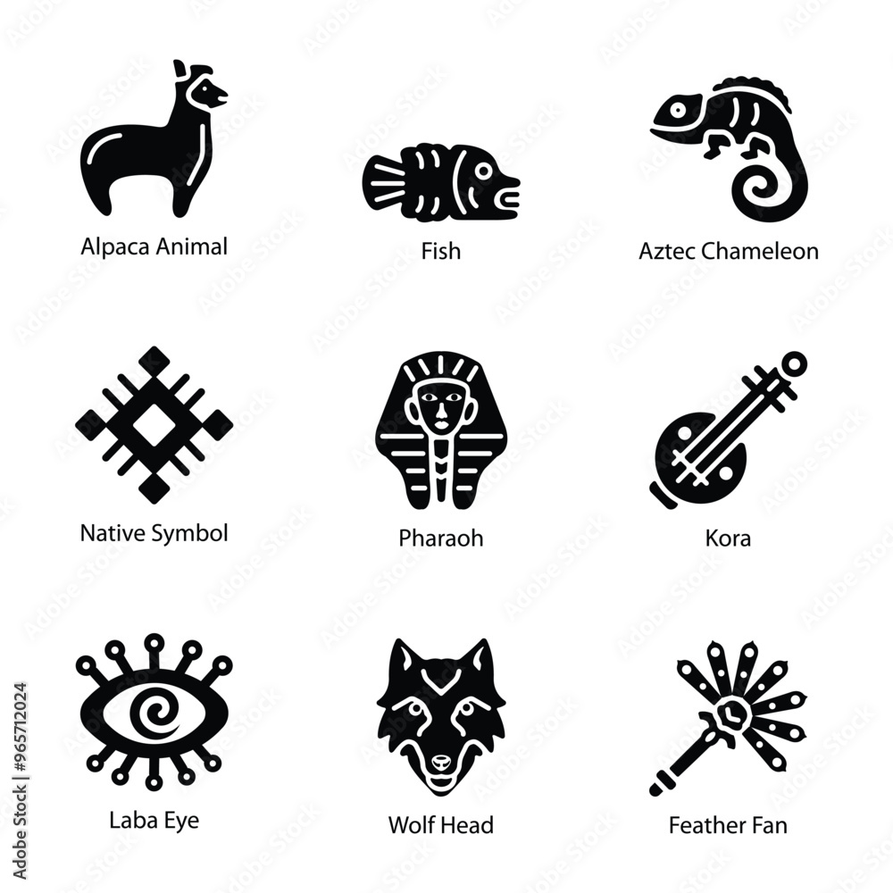 Fototapeta premium Set of 09 Aztec Symbols Solid Icons 