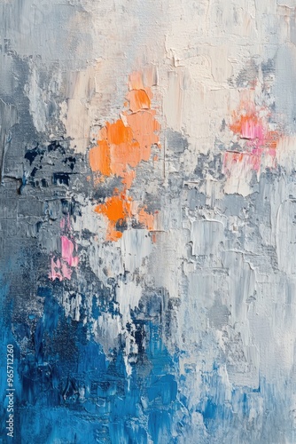 Textured abstract oil painting featuring silvery blue tones accented with hints of orange and pink