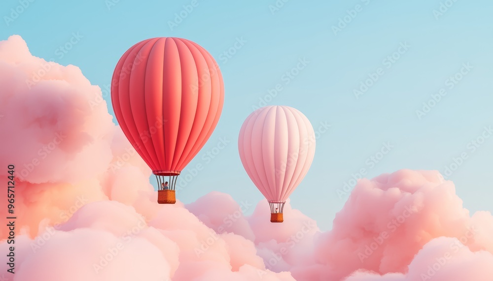 Dreamy hot air balloons with soft clouds, gentle hues, serene atmosphere, 3D illustration Dreamy hot air balloons with soft clouds, gentle hues, serene atmosphere, 3D illustration
