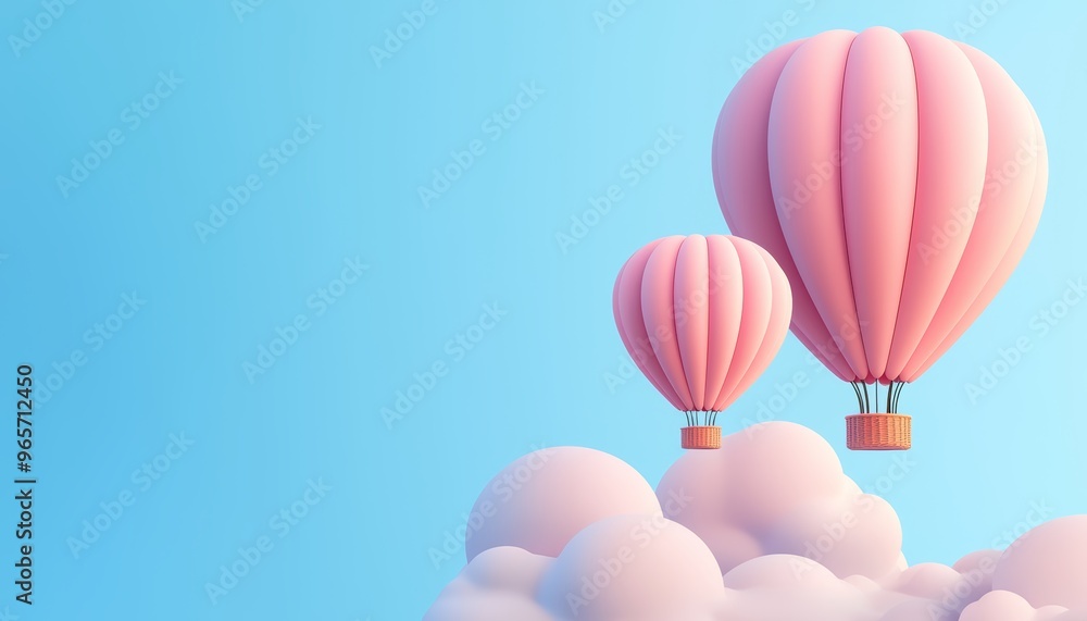 Dreamy hot air balloons with soft clouds, gentle hues, serene atmosphere, 3D illustration Dreamy hot air balloons with soft clouds, gentle hues, serene atmosphere, 3D illustration