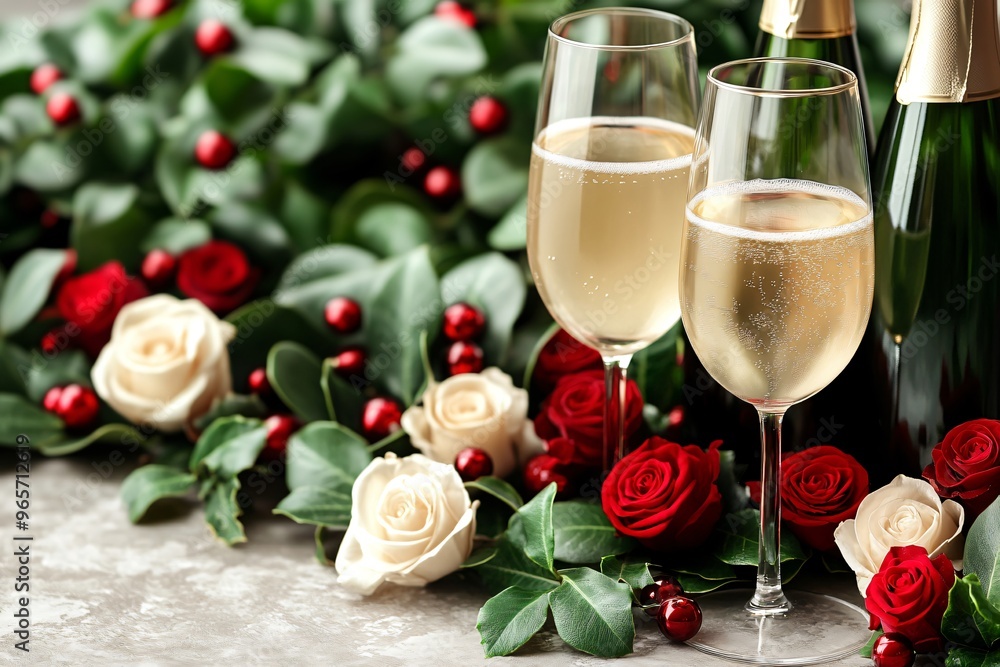 A couple of wine glasses are on a table with red and white roses A couple of wine glasses are on a table with red and white roses
