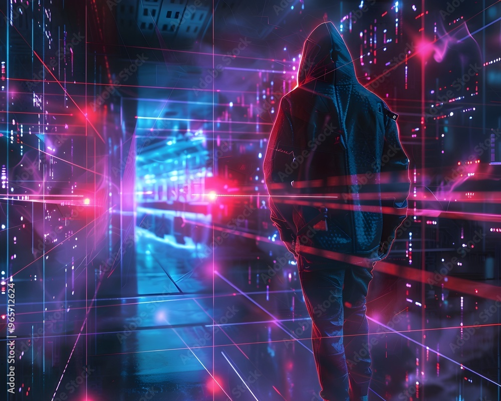 Fototapeta premium Hacker Escaping Digital Traps with Skill and Stealth in Neon City