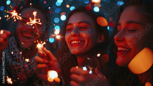 Friends in New Year eve with sparkling bengal light