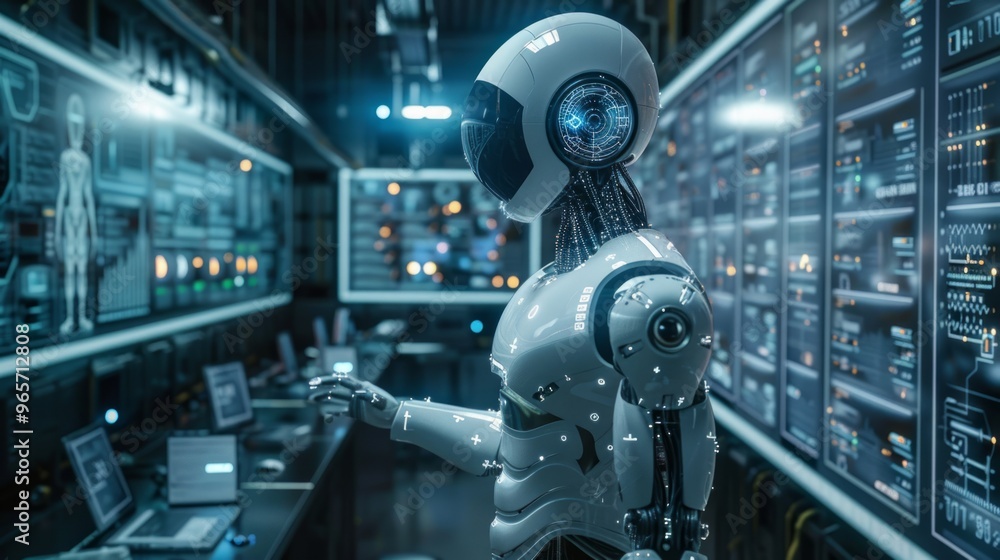 A humanoid robot interacts with advanced technology in a futuristic control room filled with screens and data displays A humanoid robot interacts with advanced technology in a futuristic control room filled with screens and data displays