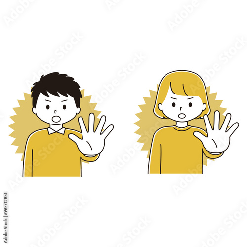 身体の前に手を突き出す男性と女性のイラストセット