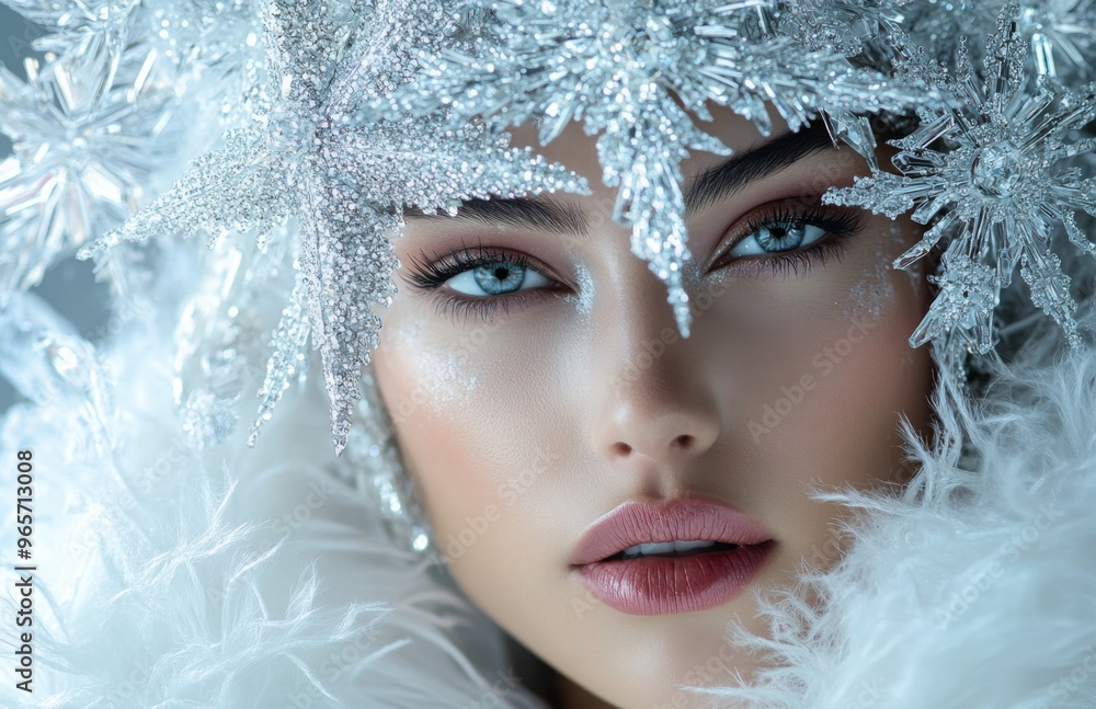 Beautiful woman in white and silver snowflake costume, featuring large crystal star-shaped headpiece Beautiful woman in white and silver snowflake costume, featuring large crystal star-shaped headpiece