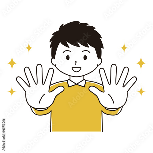 キラキラ　身体の前に手を突き出す性の男性のイラスト