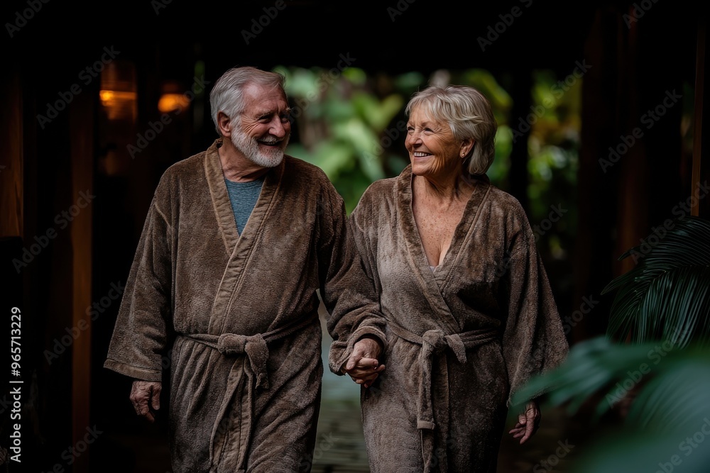A smiling elderly couple, dressed in plush robes, walk hand-in-hand, exemplifying a loving and serene relationship while enjoying a luxurious spa environment. A smiling elderly couple, dressed in plush robes, walk hand-in-hand, exemplifying a loving and serene relationship while enjoying a luxurious spa environment.