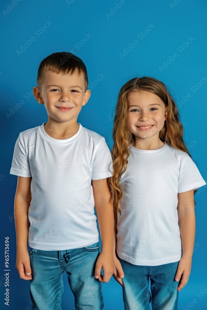 Boy and girl wearing white t-shirts portrait standing toddler. Boy and girl wearing white t-shirts portrait standing toddler.