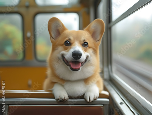 A fawncolored corgi peers out a window, its whiskers twitching photo