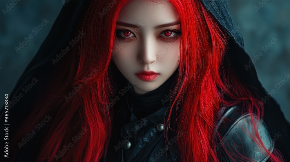 Asian girl character long red hair wearing a hood in a modern mysterious style background wallpaper AI generated image Asian girl character long red hair wearing a hood in a modern mysterious style background wallpaper AI generated image