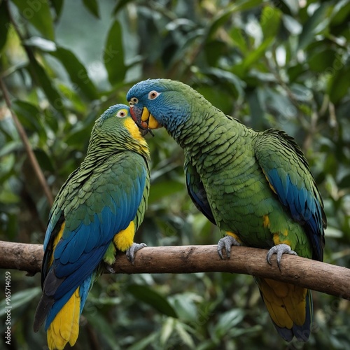 The Amazon Parrot is a brightly colored, medium-sized bird native to the rainforests of Central and South America. Known for their vivid green feathers and ability to mimic human speech, these parrots