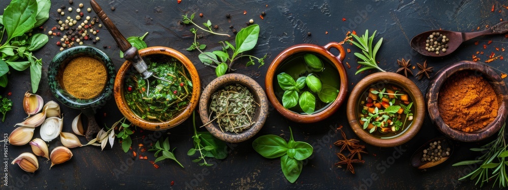 Assorted spices and herbs in bowls with fresh ingredients Assorted spices and herbs in bowls with fresh ingredients