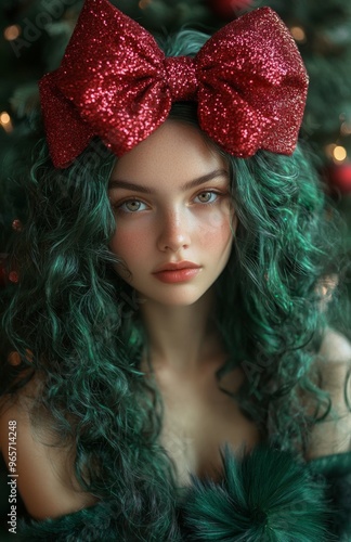 Beautiful green-haired woman in oversized red glitter bow, dark green furtrimmed dress beside Christmas tree photo