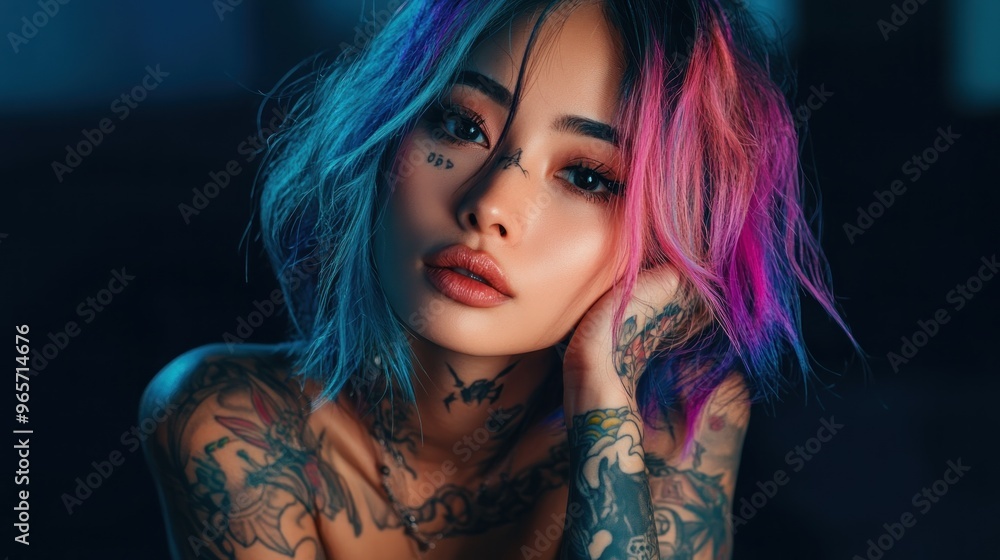 Woman punk style with colored hair and skin body tattoos art background wallpaper AI generated image Woman punk style with colored hair and skin body tattoos art background wallpaper AI generated image