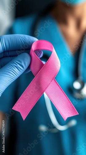 A medical professional holds a pink ribbon symbolizing breast cancer awareness, promoting health and support for patients.