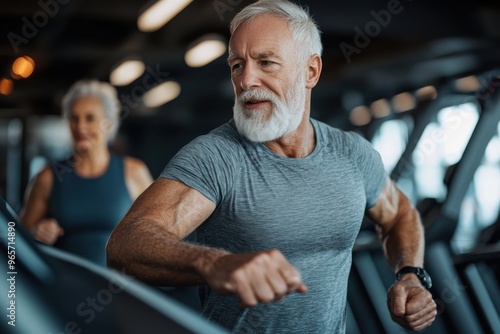 An elderly man with a white beard is running on a treadmill in the gym, focusing on his fitness with another person exercising in the background.