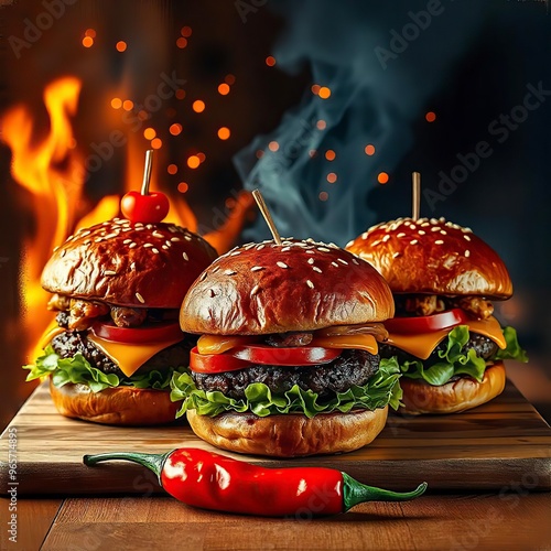 Cheeseburgers fire flame with burger photo