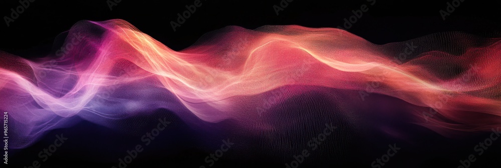Obraz premium Abstract Blurred Wave with Intense Grain and Noise on Black Background, Featuring Retro Wave Aesthetics and Stippled Light Effects for a Highly Textured and Distorted Background Design
