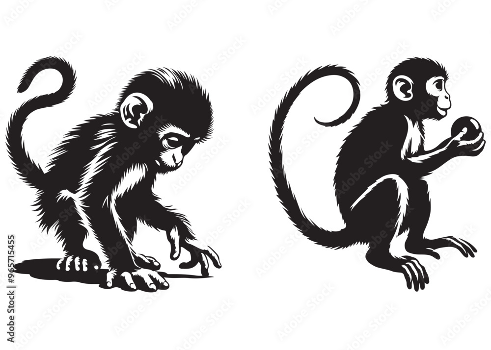 Obraz premium Monkey silhouette vector illustration, monkey animal vector silhouette, monkey silhouette, icon logo, vector illustration of black logo monkey silhouette, monkey icon vector illustration 