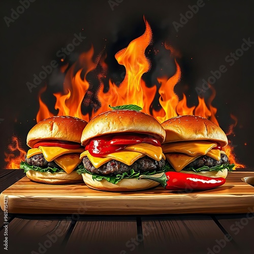 Cheeseburgers fire flame with burger photo