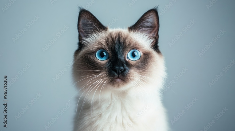 A close-up of a cat with striking blue eyes against a simple background. A close-up of a cat with striking blue eyes against a simple background.