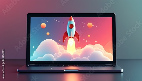 Minimalist gradient artwork featuring a rocket emerging from a laptop screen, showcasing the power of Generative AI photo