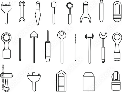 Big set of repair house icon, concept renovation tool stuff instrument toolkit line art flat vector