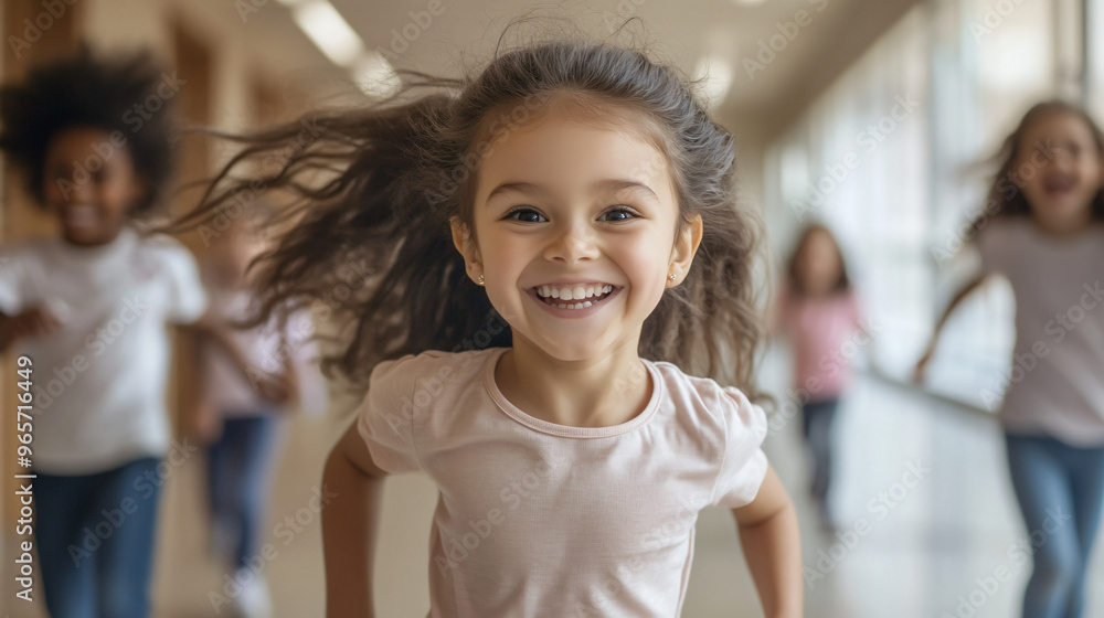 Young girl happily runs with her friends towards the camera in a school hallway Young girl happily runs with her friends towards the camera in a school hallway