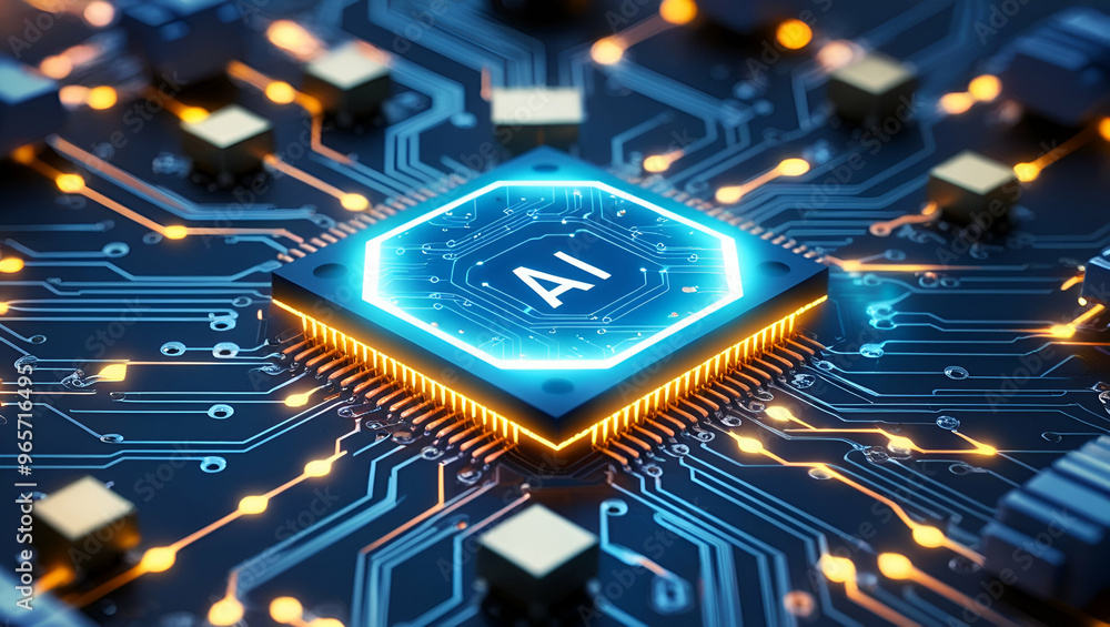 AI glowing Chip on Futuristic Circuit Board with Neural Connections AI glowing Chip on Futuristic Circuit Board with Neural Connections