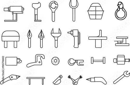 Big set of repair house icon, concept renovation tool stuff instrument toolkit line art flat vector