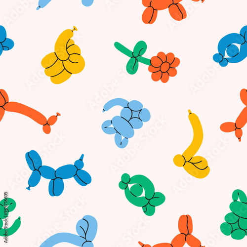 Balloon animal seamless pattern. Entertainment equipment. Elephant, dog, cat, giraffe, snake vector illustration. Toys for kid birthday party.