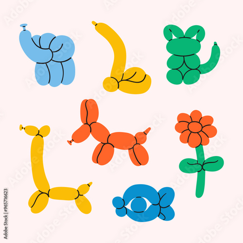 Balloon animal set. Entertainment equipment. Elephant, dog, cat, giraffe, snake vector illustration. Toys for kid birthday party.