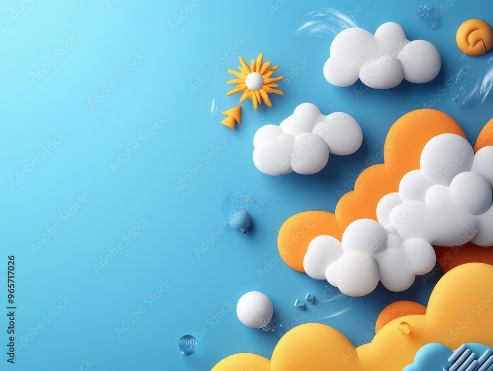 Colorful clouds and sun create a cheerful scene against a bright blue background, perfect for summer themes or playful designs. Colorful clouds and sun create a cheerful scene against a bright blue background, perfect for summer themes or playful designs.