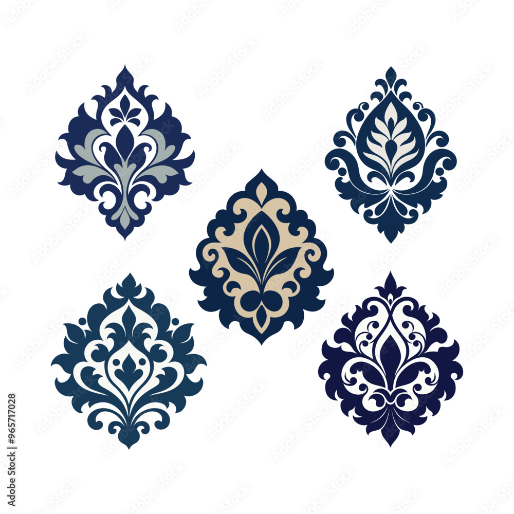 Elegant 5-Pack Silhouette Set. Timeless Damask Ornamental Designs on White Background Elegant 5-Pack Silhouette Set. Timeless Damask Ornamental Designs on White Background