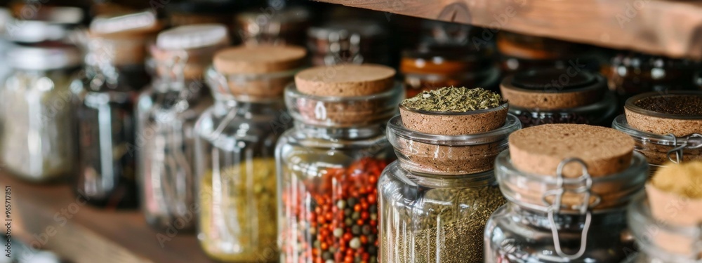 Glass jars filled with spices on a wooden shelf Glass jars filled with spices on a wooden shelf