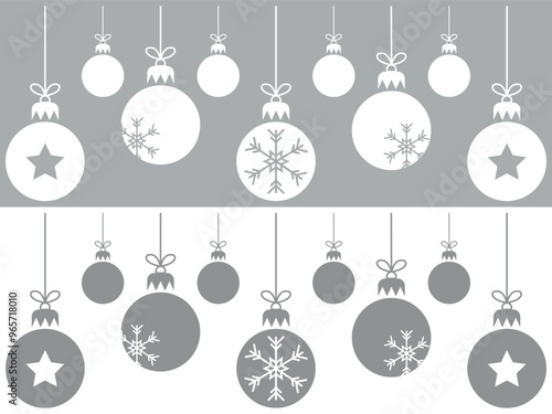 Merry christmas card with hanging ball decoratoin. Hanging ornaments with stars and snow flakes. Vector illustration isolated on gray and white background.