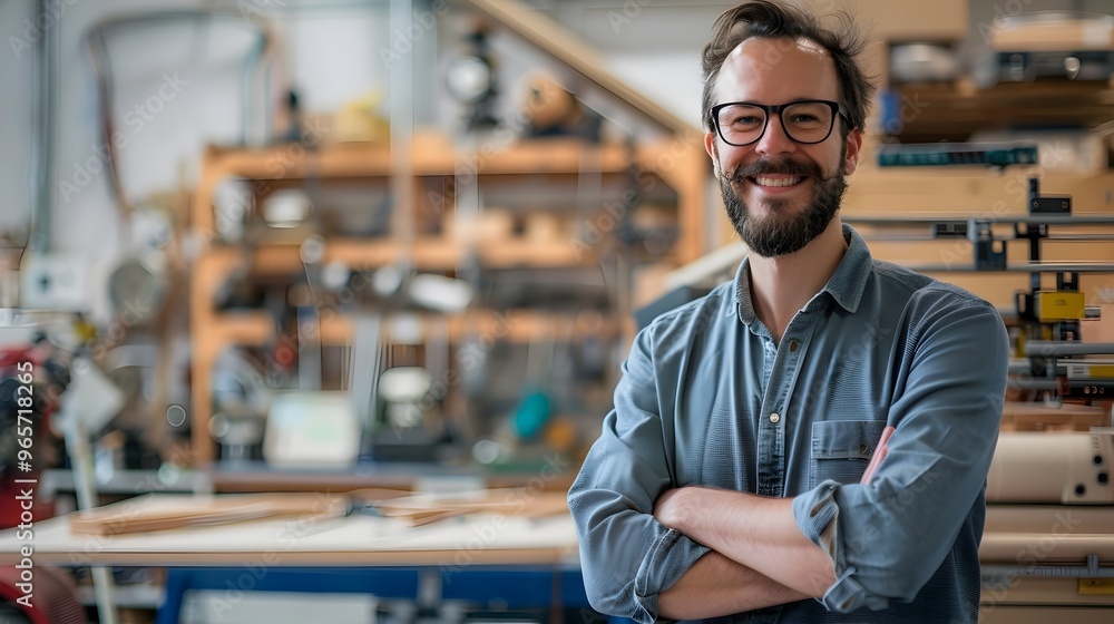 Obraz premium Confident Startup Founder Showcases Innovative Prototype in Tech Workshop