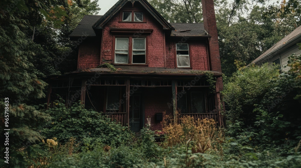 Creepy haunted house with broken windows and overgrown plants Creepy haunted house with broken windows and overgrown plants