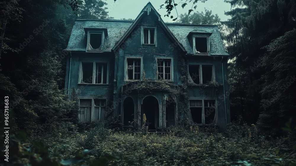 Creepy haunted house with broken windows and overgrown plants Creepy haunted house with broken windows and overgrown plants